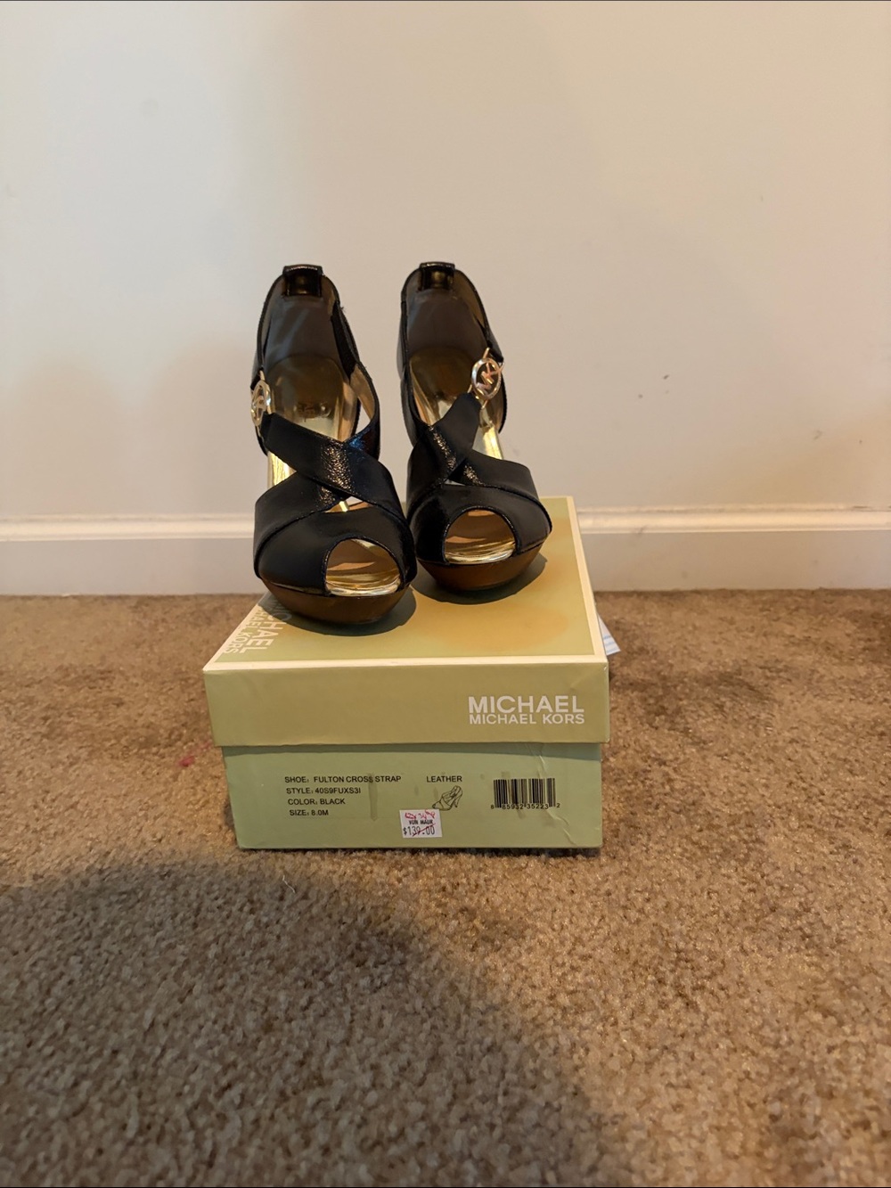 Michael Kors Black Leather Crisscross Peep-Toe Heels with Gold Accent